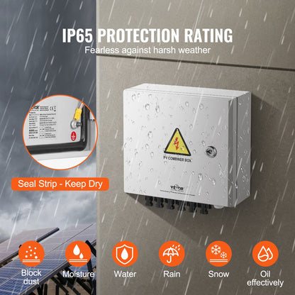 Solar PV-Combinatorbox, 6-Snaar, 15A - Stalen Behuizing - met Bliksembeveiliging - 15A DC - Zekeringen en een Stroomonderbreker Ondersteunt - IP65 Stof- en Waterbarrière - voor Zonne-Energiesystemen op en Buiten het Elektriciteitsnet