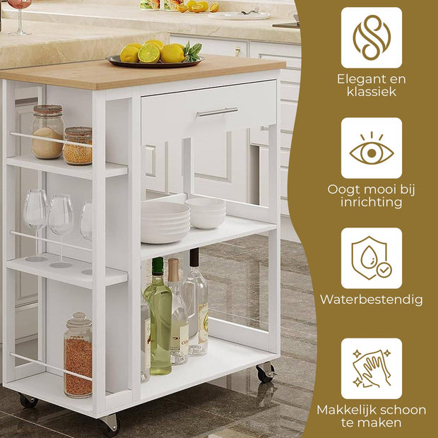 Keuken Trolley Met Werkblad - Keukentrolley op Wieltjes – Met Lade en Open Planken - Inclusief Rem voor de wieltjes - Mobiele Kruideniers Kast / Opbergrek - Wit