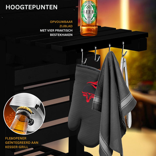 Grillwagen - trolley XL houtskoolbarbecue met deksel - wielen roestvrijstalen handgreep grillrooster en thermometer - ‎45 x 115 x 105 cm - Zwart