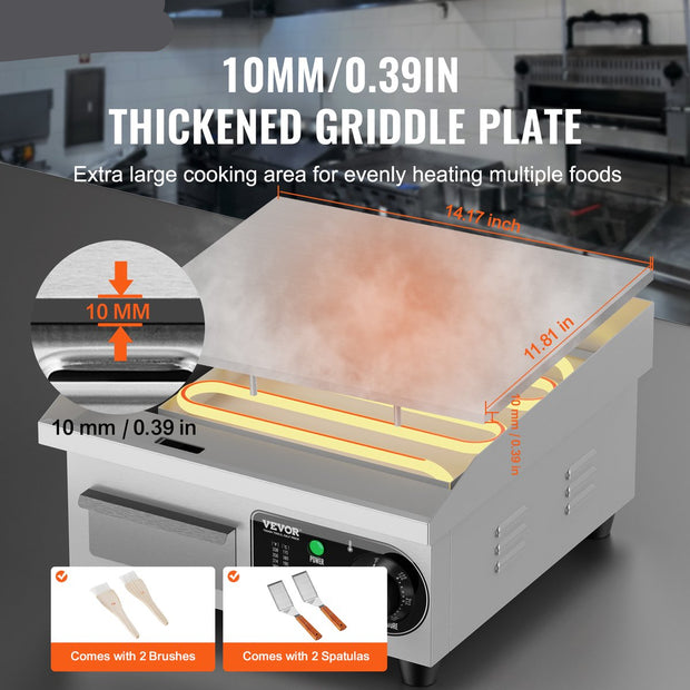 Commerciële elektrische grill - Countertop grill - 10mm plat - 2000W - voor thuis en commercieel gebruik