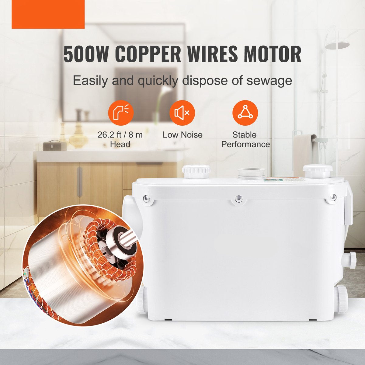 Rioollift - Ingebouwde Terugslagklep - 500W - 8m Opvoerhoogte - 6600l/U - 2900rpm - Olie Om Heet Water Te Weerstaan - Effectieve Antimicrobiële - Geschikt Voor Toiletten - Douches - Wasruimtes - Badkamers