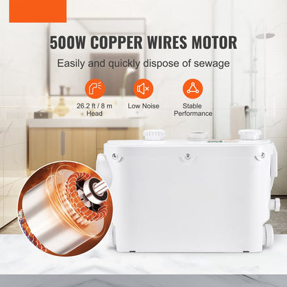 Rioollift - Ingebouwde Terugslagklep - 500W - 8m Opvoerhoogte - 6600l/U - 2900rpm - Olie Om Heet Water Te Weerstaan - Effectieve Antimicrobiële - Geschikt Voor Toiletten - Douches - Wasruimtes - Badkamers