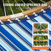 Hangmat - 2 Personen Dubbele - met Gebogen Spreidstok - T-vormige Standaard - Afneembaar Kussen - Draagbare Draagtas - Draagvermogen 200 kg - 1,4x1,9m - Blauwe en Witte Strepen