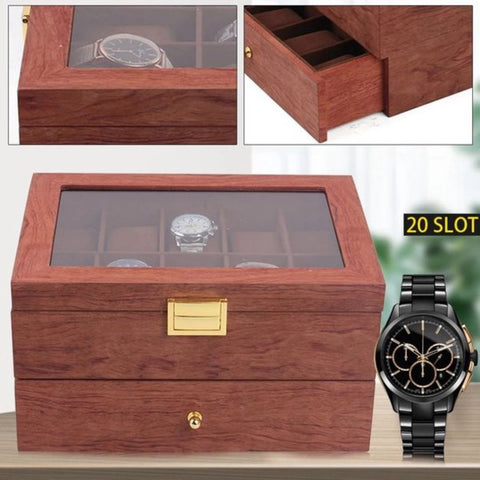 Luxe Horlogebox - Horlogedoos Heren & Dames - Geschikt voor 20 Horloges of Armbanden - Sieradendoos - Juwelendoos - Hout - 2 Lagen - 20 Vakken