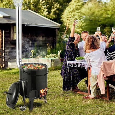 Buitenkeuken -Emaille - Stoofpot 21 Liter - BBQ - Grill - Goulash-ketel - Stoomboot met grill, braadpan en soeppan - 36x36x126 cm - Incl. schoorsteen, thermometer en luchtventilatie