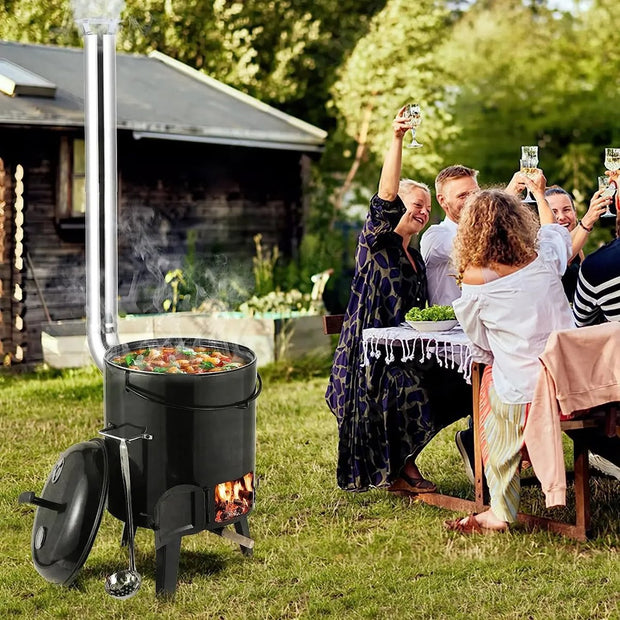 Buitenkeuken -Emaille - Stoofpot 21 Liter - BBQ - Grill - Goulash-ketel - Stoomboot met grill, braadpan en soeppan - 36x36x126 cm - Incl. schoorsteen, thermometer en luchtventilatie