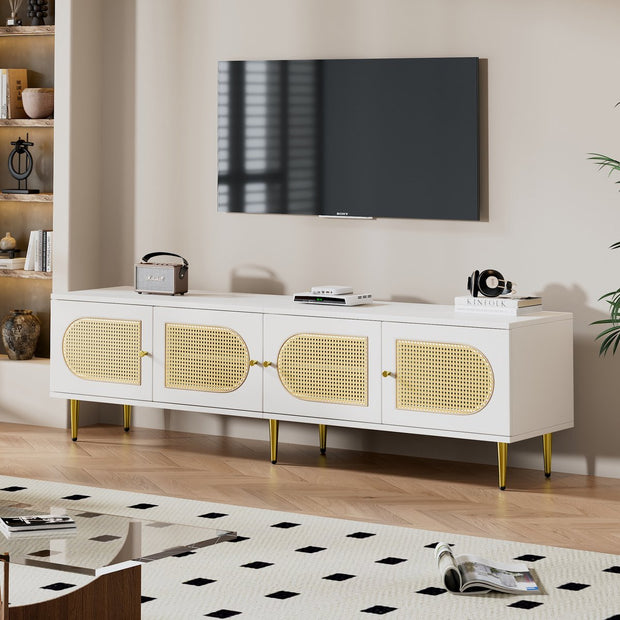 Wit Rattan - TV Cabinet - 180x40x50cm - 4 Rattan-Deuren - Verstelbare Planken - en Kabelbeheer voor Televisies tot 80 inch - Tv-Kast - Lowboards