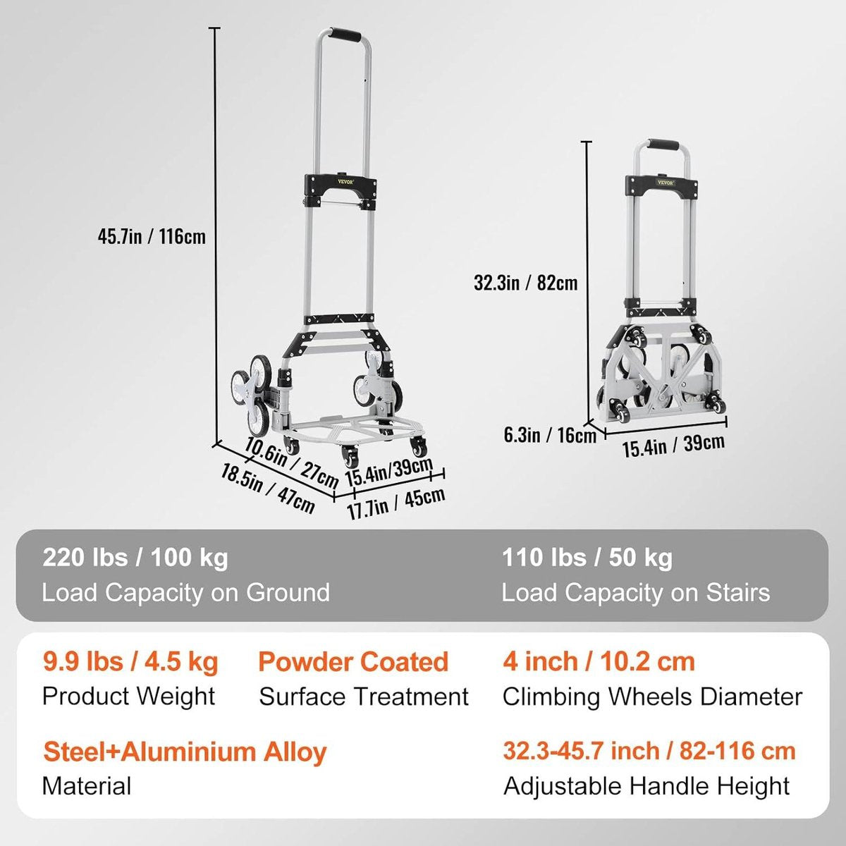 Trappentroler - 50-100 kg - Steekwagen Trap - Opvouwbaar Aluminiumlegering - In Hoogte Verstelbare Handgreep - 82-116 cm - 4 Universele Wielen - 39 x 27 cm - voor Magazijnen - Luchthaven - Winkelcentrum