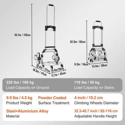 Trappentroler - 50-100 kg - Steekwagen Trap - Opvouwbaar Aluminiumlegering - In Hoogte Verstelbare Handgreep - 82-116 cm - 4 Universele Wielen - 39 x 27 cm - voor Magazijnen - Luchthaven - Winkelcentrum