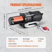 Elektrische lier - 12V - Lier - 4500lbs/2041kg - Offroad Motorlier - Kabel Elektrische Lier - Nylon Touw met Draadloze Afstandsbediening - Zwart