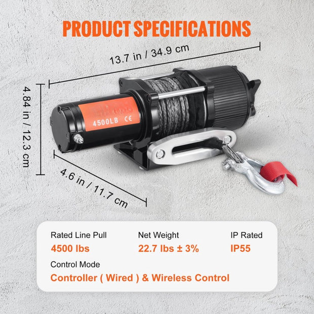 Elektrische lier - 12V - Lier - 4500lbs/2041kg - Offroad Motorlier - Kabel Elektrische Lier - Nylon Touw met Draadloze Afstandsbediening - Zwart