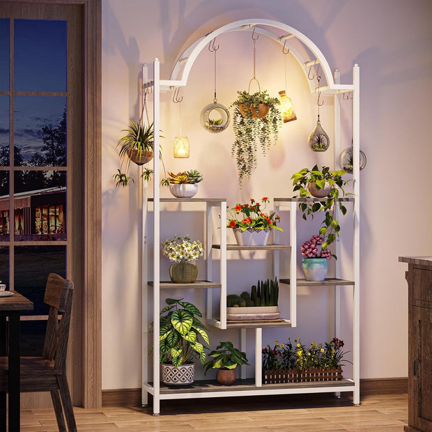 Plantenrek - Plantenstandaard - Plantenrek voor Binnen en Buiten - Plantenrek met 5 Niveaus en 8 S-haken - Wit - 100 x 30 x 190 cm