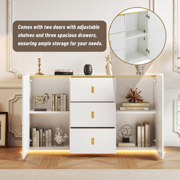 LED - Modern wit dressoir met LEDverlichting - 150x35x80 cm - 2 deuren, 3 lades en RGB-kleuren - Opbergkast voor woonkamer, eetkamer of hal - Wit