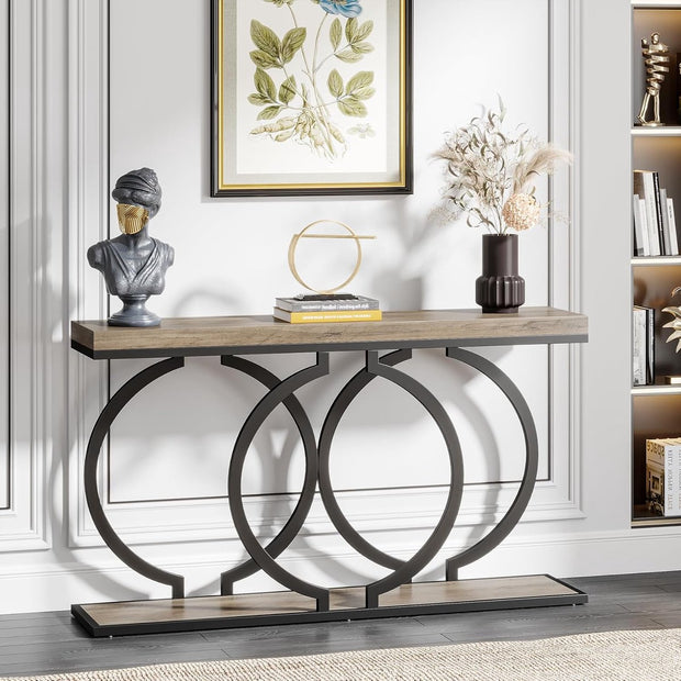 Consoletafel - Sidetable - met O-vormige Gouden Metalen Poten - Haltafel - Wandtafel - 140x30x80 cm - Grijs en Zwart - Metaal en Hout - Modern - Console Tafel