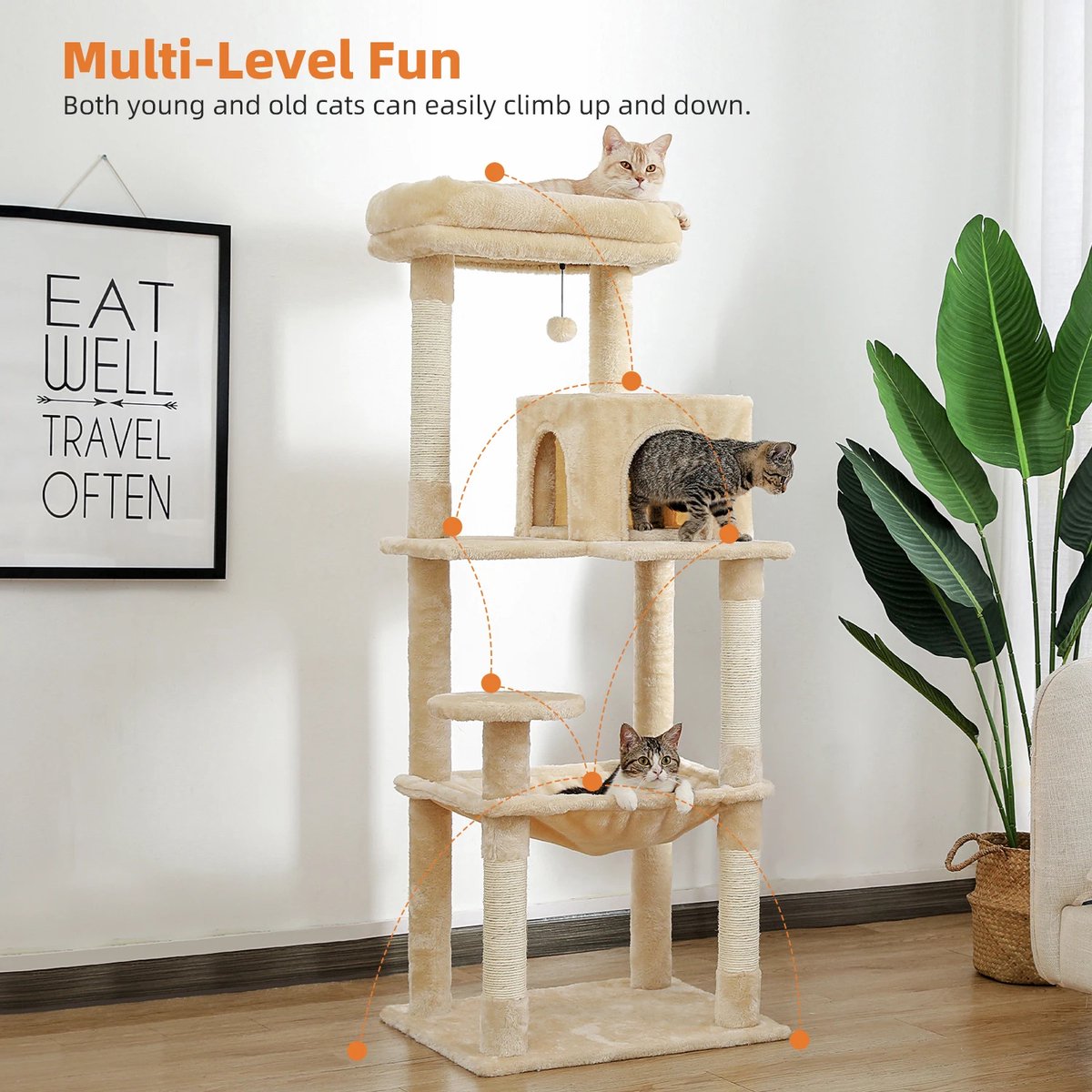 Kattenboom - 5-Level - Grote Hangmat - Sisal Krabpalen - Gezellige Condo - Stevig en Ruim - Geschikt voor Grote Katten