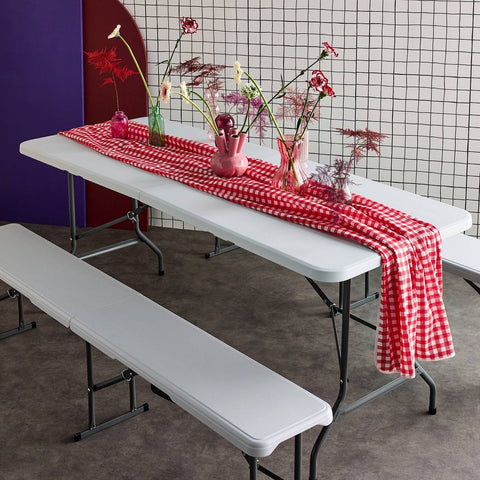 Fiesta opvouwbare receptie tafel en plastic banken 180cm, campingtafel