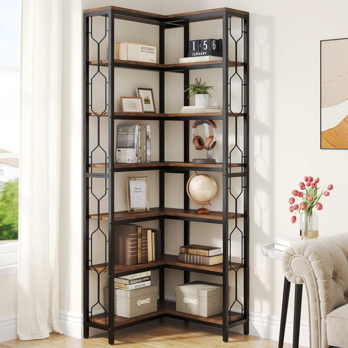 Boekenkast - Hoek Boekenkast met 7 Planken - Industrieel - Spaanplaat - Bruin/Zwart - 60 x 60 x 200 cm