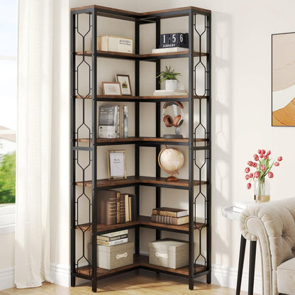 Boekenkast - Hoek Boekenkast met 7 Planken - Industrieel - Spaanplaat - Bruin/Zwart - 60 x 60 x 200 cm