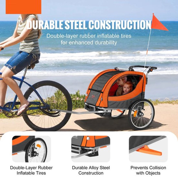 Aanhanger Fiets - Fietskar - Fietskar Voor Kinderen - Kinderfietskar - Fiets Aanhanger - Dubbelzits Drager - Opvouwbaar