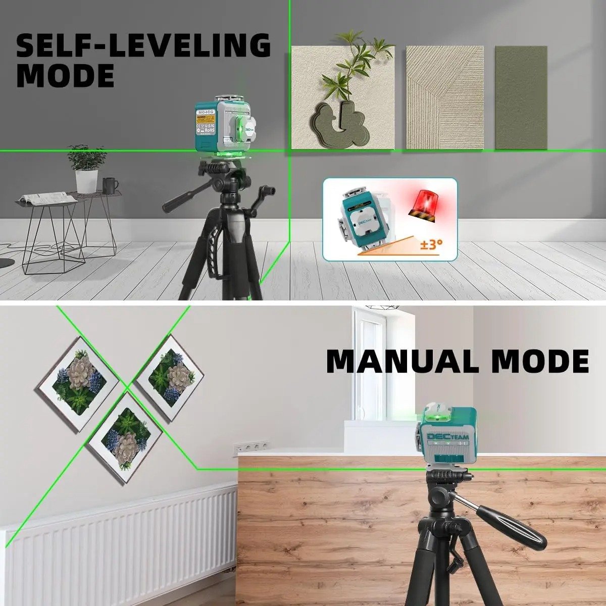 Distance meter - Cross line laser - Laser level - Line laser - 4D - 4/8/12/16 lines - Adjustable - 525Nm - 2600Mah - Green - With tripod - With accessories