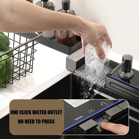 Roestvrijstalen gootsteen - Digitale display - Waterval kraan - Gootsteen - Wasbak - Keuken - Zwart