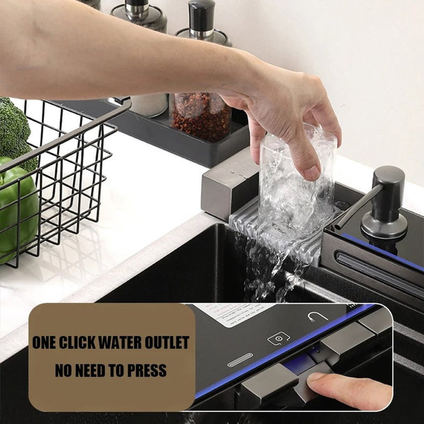 Roestvrijstalen gootsteen - Digitale display - Waterval kraan - Gootsteen - Wasbak - Keuken - Zwart