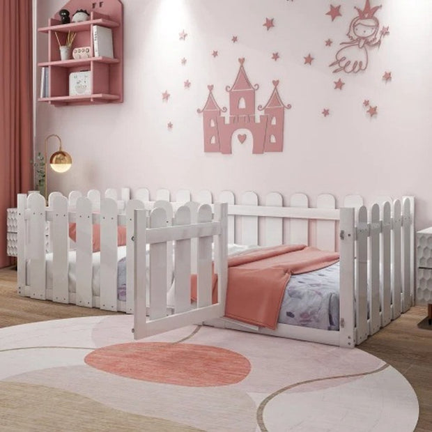 Peuterbed - Kinderbedden 90x200 - Met hek en deur - Modern design - Houten frame - Eenpersoonsbed - Babybedje - Massief grenen