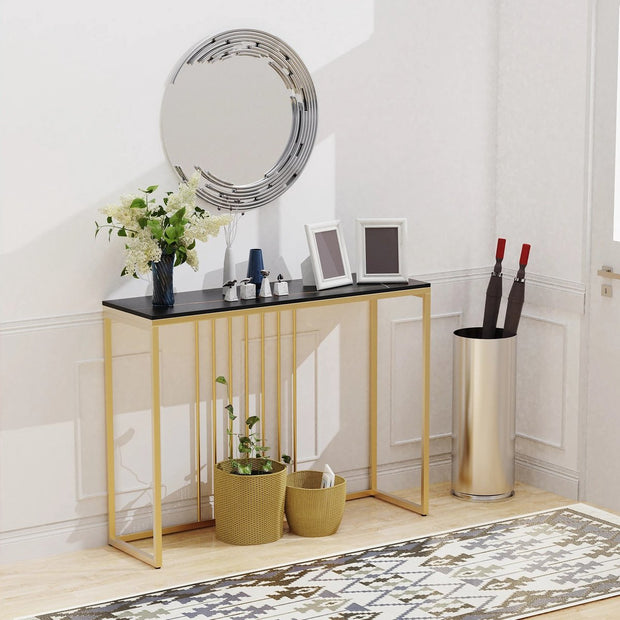 Luxe sidetable - Muurtafel - Wandtafel - Bijzettafel - Console tafel - Wandbureau - Kaptafel - Bartafel - Zwart marmer blad - Goud frame - 100 x 300 x 78.5cm