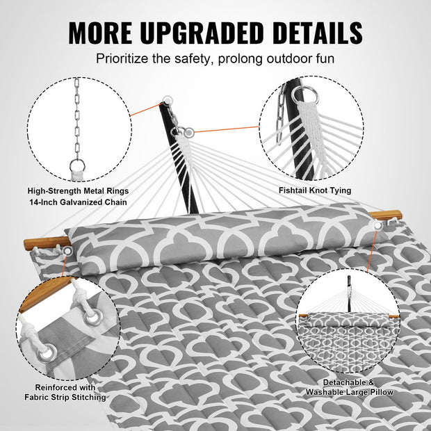 Dubbele Hangmat - Draagvermogen van 218 kg - met Stalen Standaard van 3,5 meter - T-vormige Standaard - Draagbare Draagtas en Kussen - Buitenhangmat - 1,4 x 1,9 m - Grijs en Wit Patroon