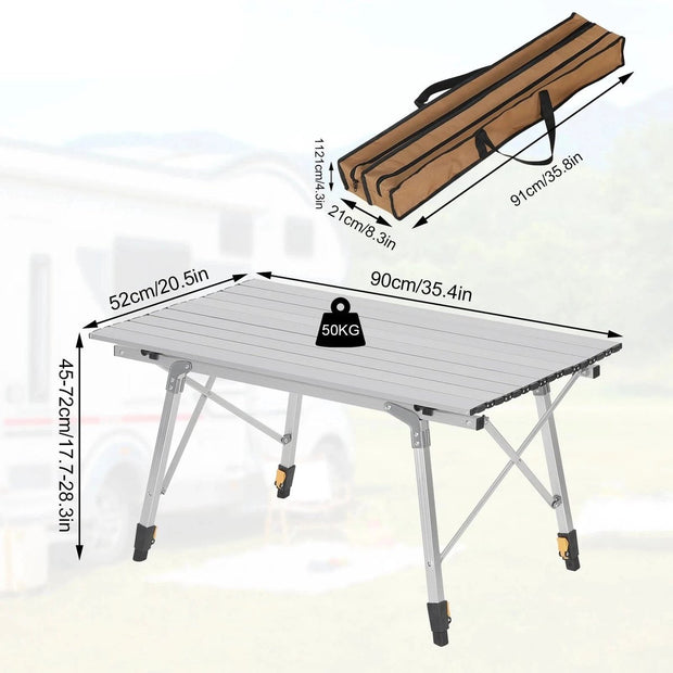 Campingtafel - Hoogte Verstelbaar - Aluminium - Zilver - 90x52.2x72cm