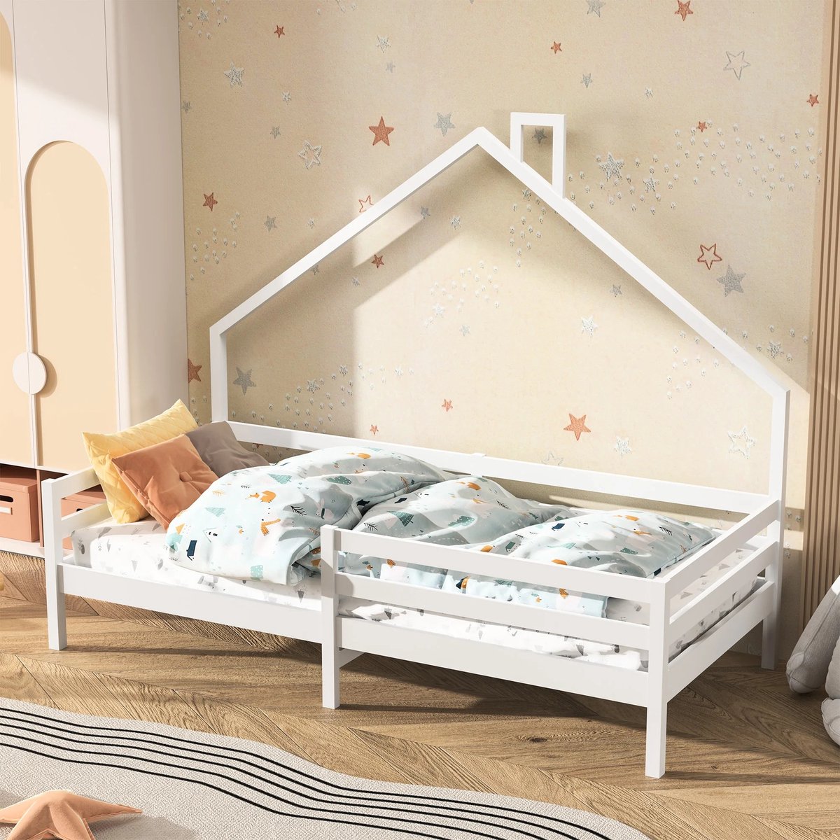 Children's House Bed - Solid Wood - Slatted Base - Pine House Bed With Roof - White - 90x200cm