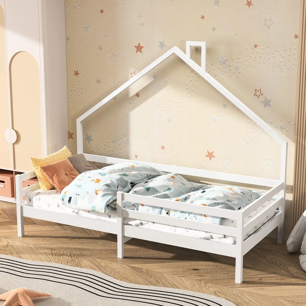 Kinderhuis Bed - Massief Hout - Lattenbodem - Grenen Huisbed Met Dak - Wit - 90x200cm
