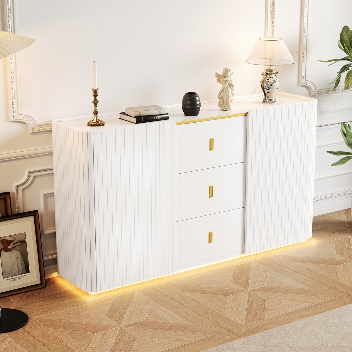 LED - Modern wit dressoir met LEDverlichting - 150x35x80 cm - 2 deuren, 3 lades en RGB-kleuren - Opbergkast voor woonkamer, eetkamer of hal - Wit