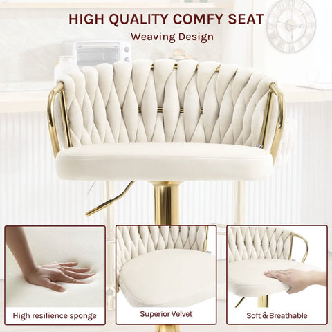 Luxury bar stool - Velvet Bar Stool - Set of 2 - Braided - Height adjustable - 360 degree rotatable - Velvet - Gold leg - Cream White
