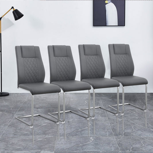 Eetkamerstoel Set van 4 - Grijs - Met Ruitpatroon op de Rugleuning - Verchroomd Metalen Frame - Belastbaar tot 150 kg - Kunstlederen Bekleding