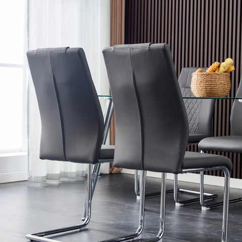 Eetkamerstoel Set van 4 - Grijs - Met Ruitpatroon op de Rugleuning - Verchroomd Metalen Frame - Belastbaar tot 150 kg - Kunstlederen Bekleding