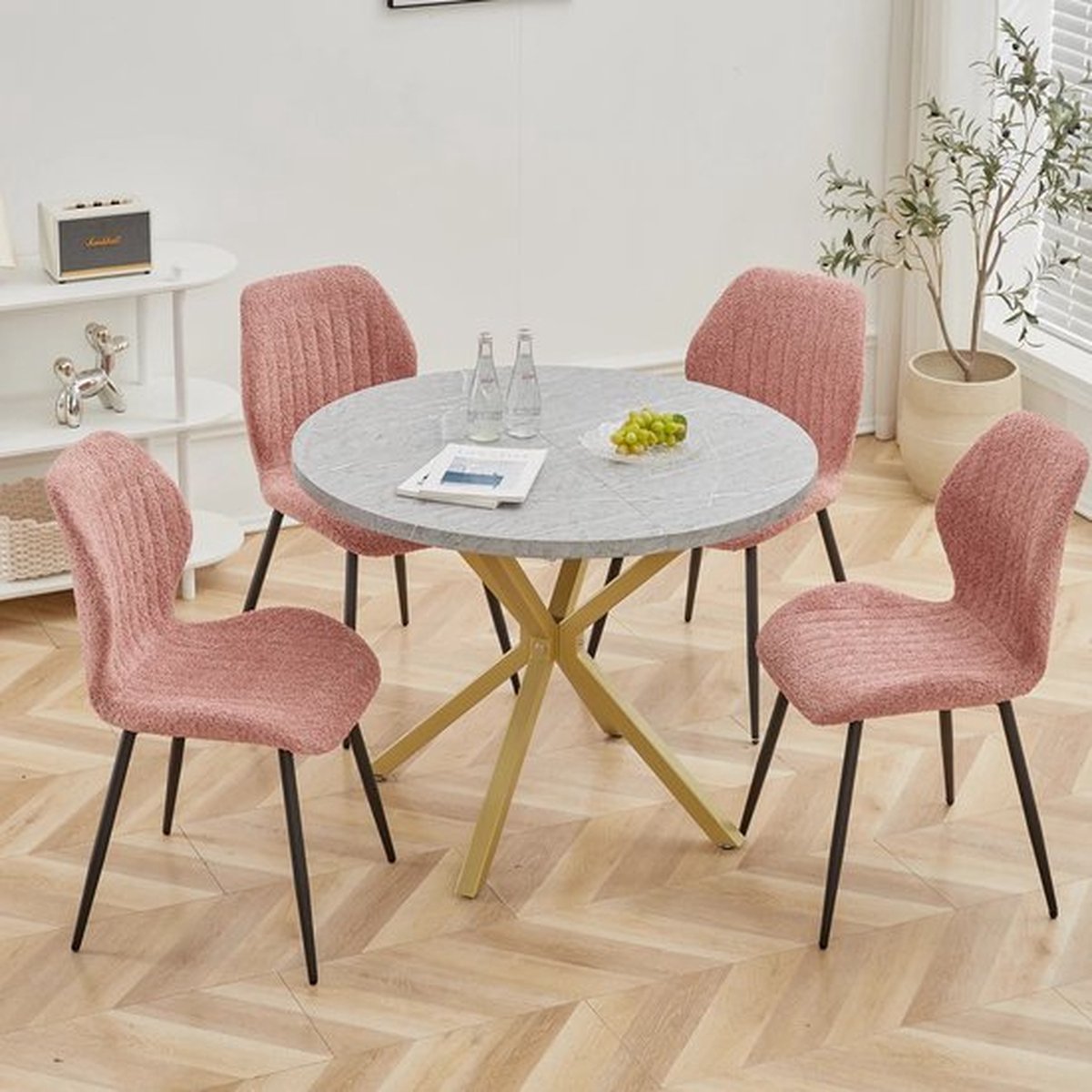 Eettafel - 100 cm - Luxe - Gouden Onderstel - Marmer Look - Rond - Meubels
