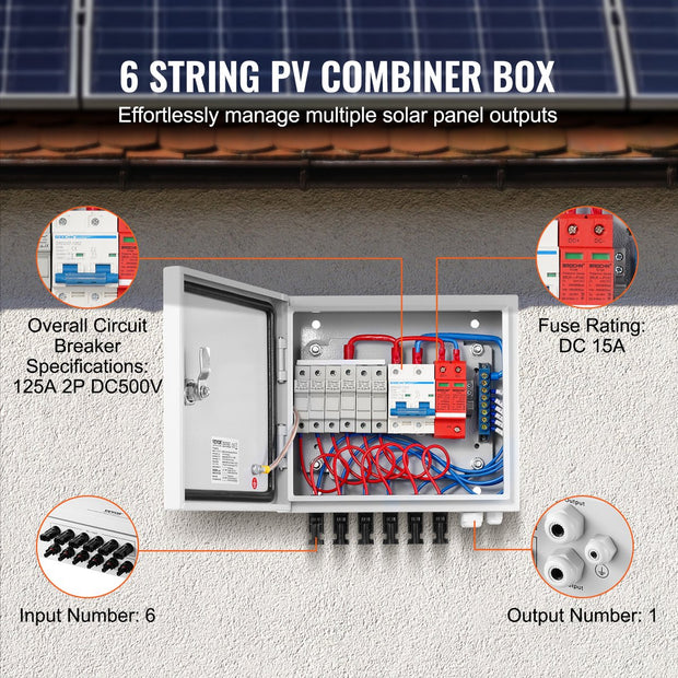 Solar PV-Combinatorbox, 6-Snaar, 15A - Stalen Behuizing - met Bliksembeveiliging - 15A DC - Zekeringen en een Stroomonderbreker Ondersteunt - IP65 Stof- en Waterbarrière - voor Zonne-Energiesystemen op en Buiten het Elektriciteitsnet