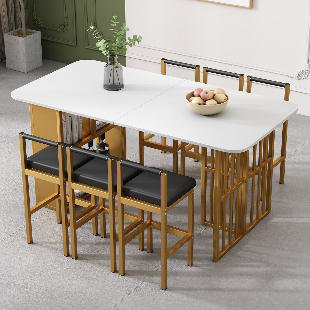 Opvouwbare Eettafel - Multifunctionele Uitschuifbare Eettafel - Beweegbare Eettafel - Uitschuifbare Eettafel met Lades - Eettafel in 3-Vorm - Wit en Goud