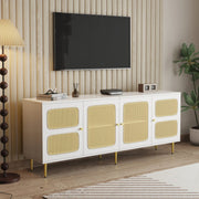 Elegant White Rattan - TV Cabinet - 180x40x72cm - met 4 Rotan Deuren - in Hoogte Verstelbare Planken - en Kabelbeheer - voor Maximaal 80 inch Televisies - Tv-Kasten - Lowboards