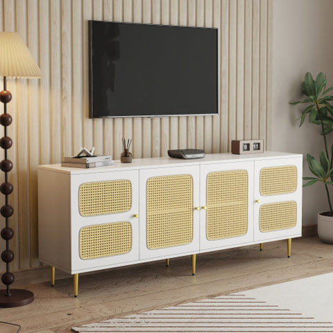 Elegant White Rattan - TV Cabinet - 180x40x72cm - met 4 Rotan Deuren - in Hoogte Verstelbare Planken - en Kabelbeheer - voor Maximaal 80 inch Televisies - Tv-Kasten - Lowboards