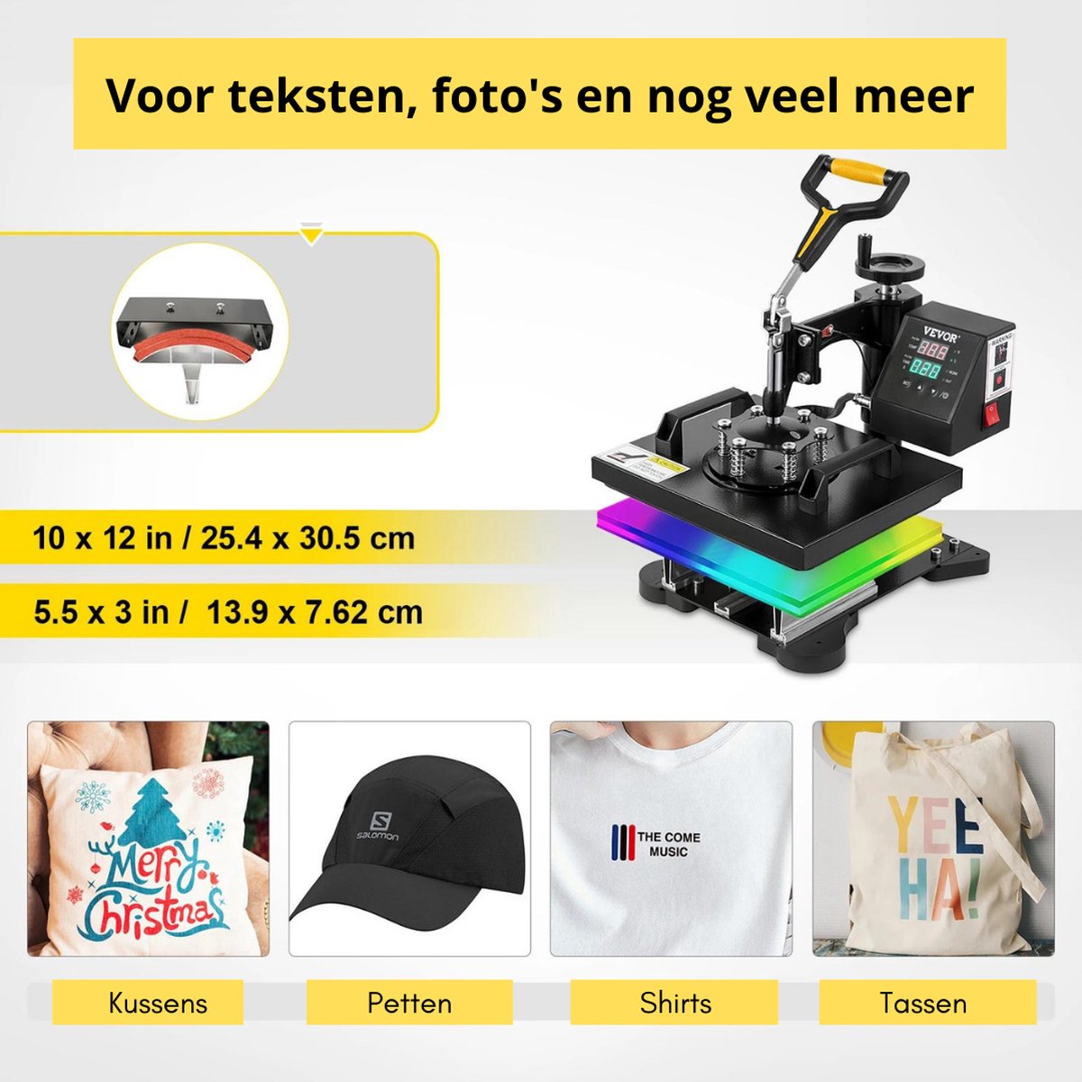Transferpers - 2 in 1 - Drukmachine - Hittepers - Drukpers - Heat Press Machine - Sublimatie Printer - 25x30CM - Clamshell Sublimatie - Transfer Printer met Teflon Coating Powerpress DIY T-shirt Cap - Zwart