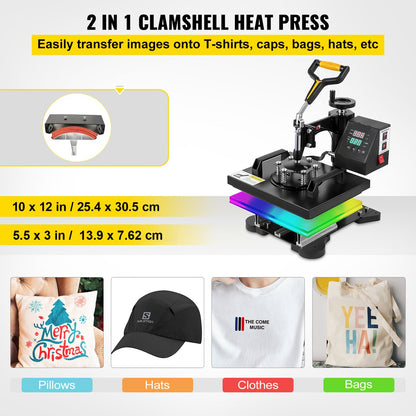 Warmte Persmachine Transferpers - 2 In 1 Hittepers - Met 25,4 x 30,5 cm Hitteplaat, Digitale Led-temperatuurregelaar - Voor Het Aanbrengen Van Letters - Cijfers En Patronen Op Petten - T-Shirts - Kopjes - Borden - Zwart