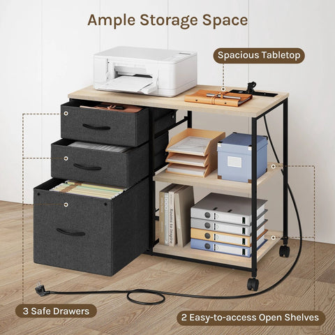 Printerkast - Archiefkast - Printer - Met laden en oplaadstation - 40 cm x 80 cm x 66 cm - Licht eiken met zwart