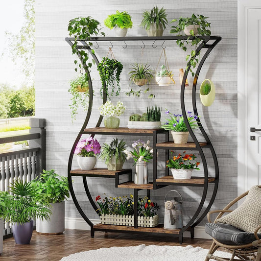 Plantenrek - Plantenstandaard - Plantenrek voor Binnen en Buiten - Plantenrek met 6 Niveaus en 10 S-haken - Rustiek Bruin/Zwart - 120 x 30 x 180 cm
