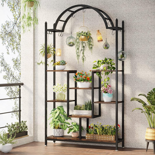 Plantenrek - Plantenstandaard - Plantenrek voor Binnen en Buiten - Plantenrek met 5 Niveaus en 8 S-haken - Rustiek Bruin/Zwart - 100 x 30 x 190 cm