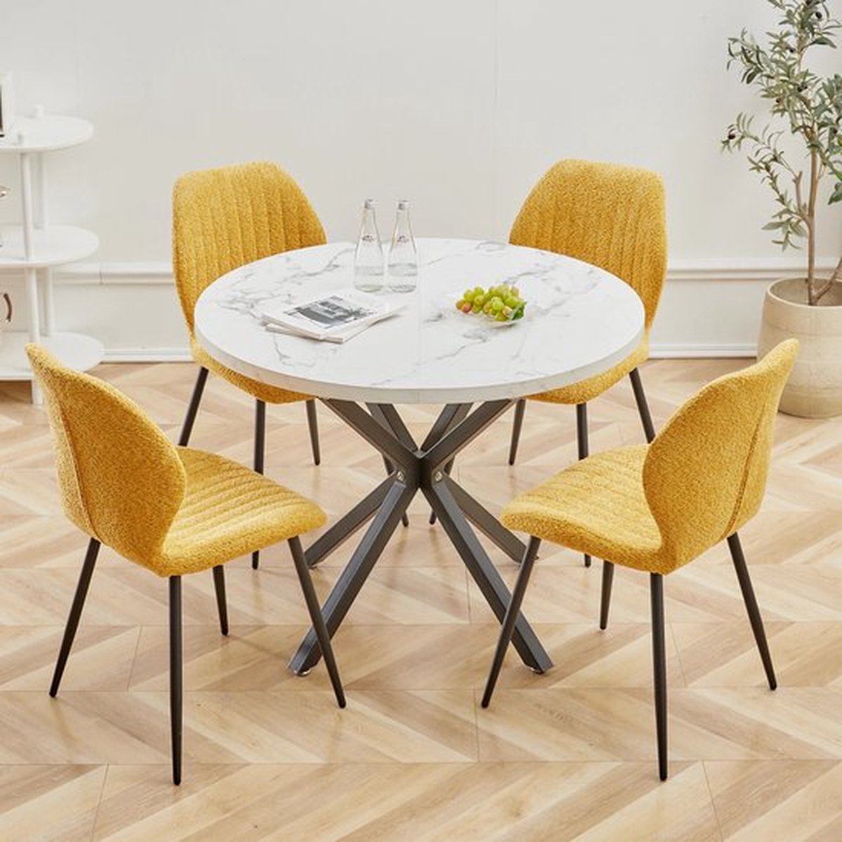 Eettafel - 100 cm - Luxe - Gouden Onderstel - Marmer Look - Rond - Meubels