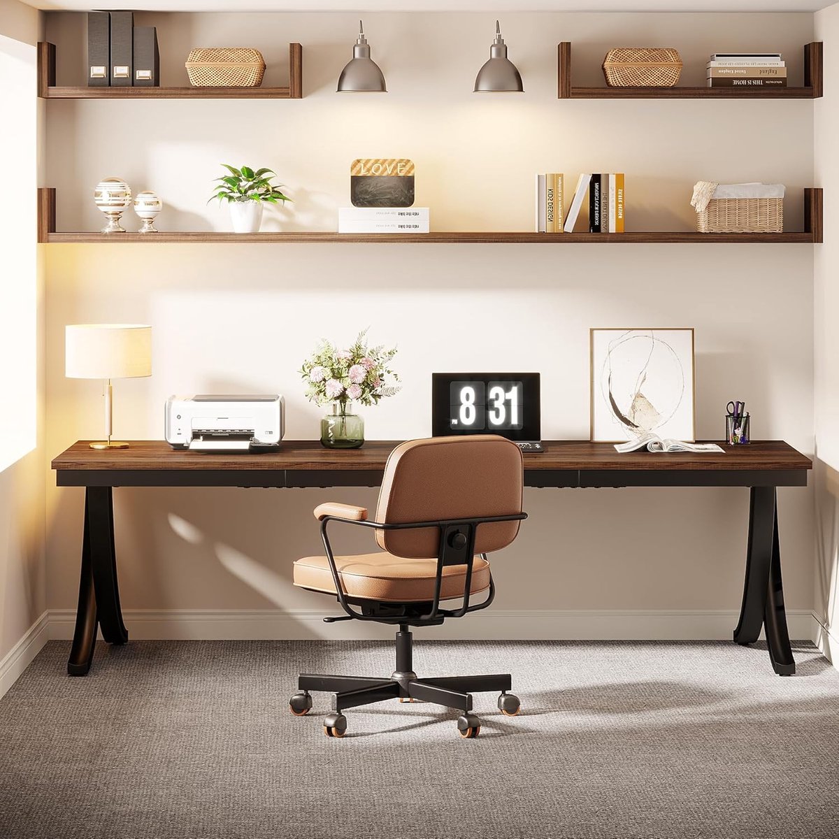 Bureau - Dubbel Lang Bureau - Computerbureau - Computer Tafel - Bureautafel - Bruin en Zwart - 200 x 70 x 75 cm - QUORE