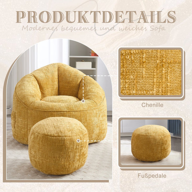 Zitzak Sofa met Voetensteun - Luxe Chenille Bean Bag Stoel -- Ergonomische Loungestoel met Hoge Rugleuning – Comfortabele Fauteuil - Geel
