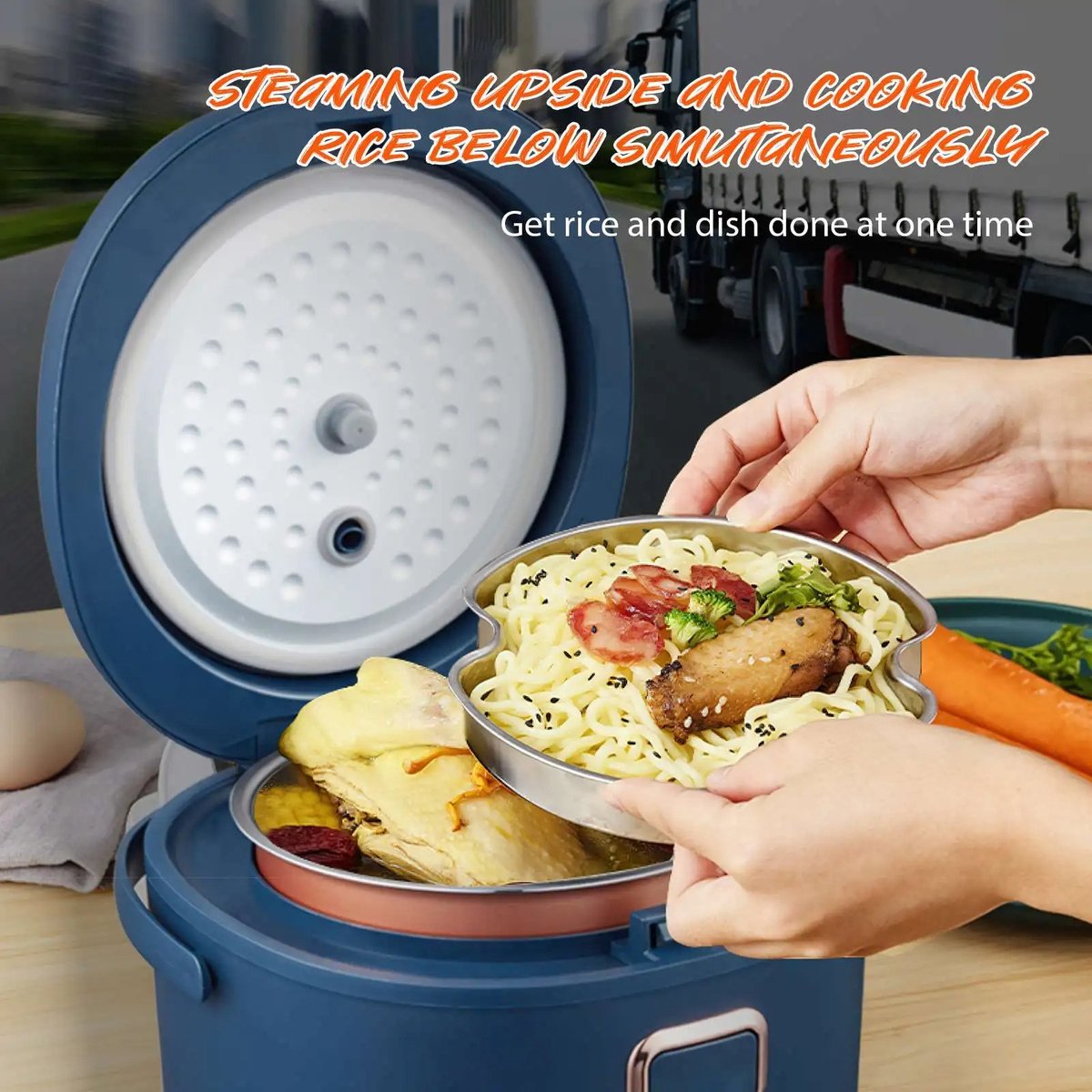 Rijstkoker - Multicooker - 3-4 Mensen - Stomer - Opwarmmaaltijden - 5 Laags - Vrachtwagen - Auto - Thuis - Werk - 12V / 24V - 200W - Blauw